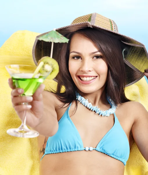 Girl in bikini drink juice . — Stock Photo, Image