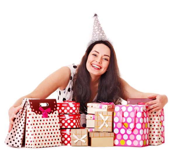 Woman holding gift box at birthday party. — Stock Photo, Image