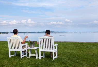 Married retired couple by bay with champagne clipart