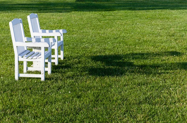 Dvě zahradní židle na zeleném trávníku v zahradě — Stock fotografie