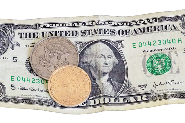 Dollar and half coin on top of single bank note — Stock Photo, Image