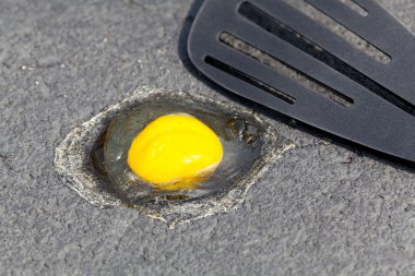 Egg on hot road surface beginning to fry clipart
