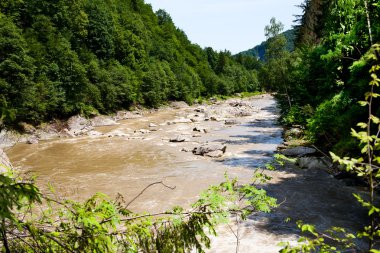 Yatay, dağlar, ağaçlar ve Nehri ön.