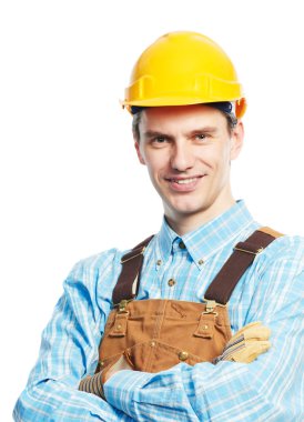 Happy worker portrait in hardhat and overall clipart