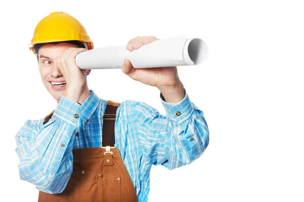 Happy worker in hardhat and overall with drafts — Stock Photo, Image