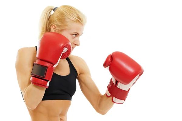 ボクサーの女性赤いボクシング用グローブ — ストック写真