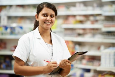 Pharmacy chemist woman in drugstore clipart