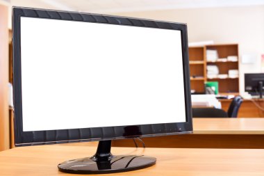 Computer monitor with isolated screen on desktop in office room clipart