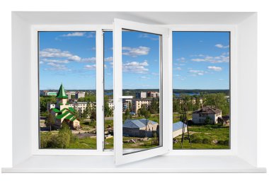 White plastic triple door window with trunquil view through glass. Isolated on white background. Opened door clipart