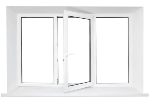 Fehér műanyag hármas ajtó ablak elszigetelt fehér background. Nyitott ajtó — Stock Fotó