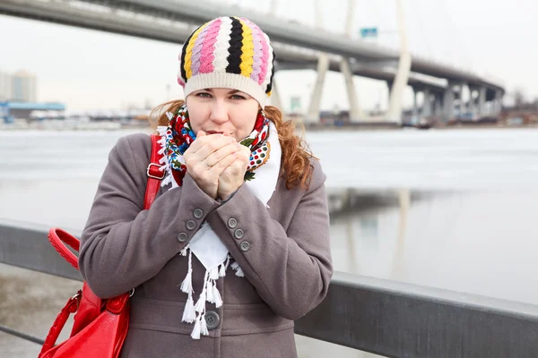 Frozen young Caucasian female warming hands and standing on embankment. Bridge on background — Stock Photo, Image