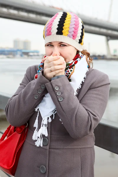 Retrato de congelados jovem fêmea caucasiano aquecer as mãos e em pé no aterro. ponte em fundo — Fotografia de Stock