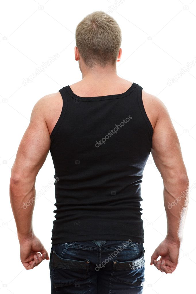One handsome Caucasian man in black t-shirt isolated on white background. Rear view