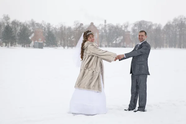 Just married holding hands on freezing lake area in winter season — Stock Photo, Image