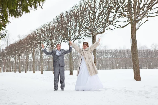 Giovane matrimonio caucasico coppia russa a piedi sul parco innevato. Stagione invernale in Russia — Foto Stock