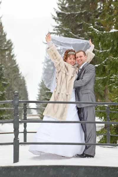 Tânăr cuplu de ruși caucazieni în picioare pe pod în parc de zăpadă. Sezonul de iarnă în Rusia — Fotografie, imagine de stoc