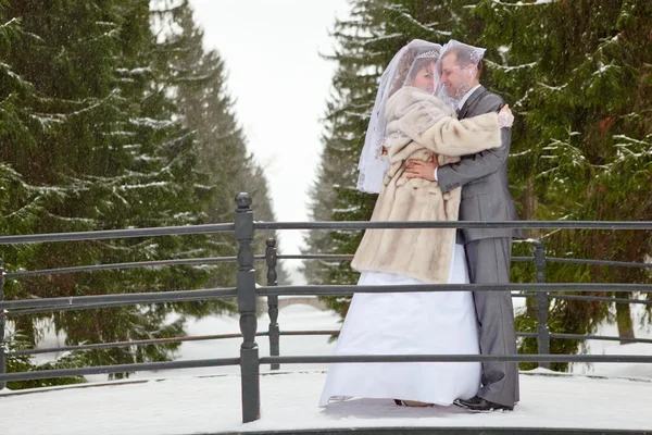 Молодая брачная русская пара, стоящая на мосту в снежном парке. Зимний сезон в России — стоковое фото