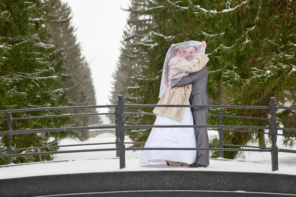 Boda joven pareja rusa caucásica de pie en el puente en el parque nevado. Temporada de invierno en Rusia — Foto de Stock