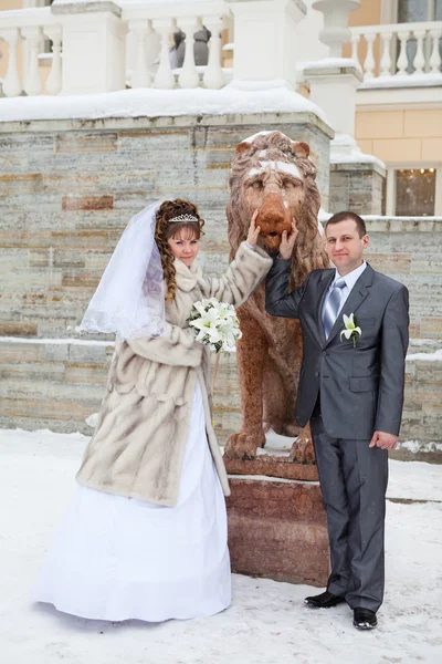 Krásný nově socha merried ruský pár fotit s Lev v zimě — Stock fotografie