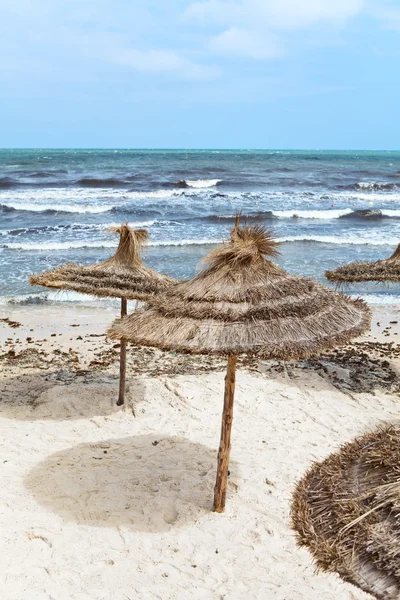 Costa mediterranea tempestosa e spiaggia sabbiosa vuota con ombrelloni — Foto Stock