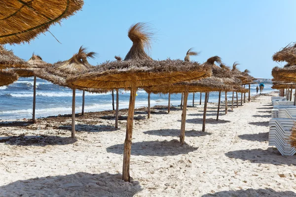 Costa mediterránea tormentosa y playa de arena vacía con sombrillas —  Fotos de Stock