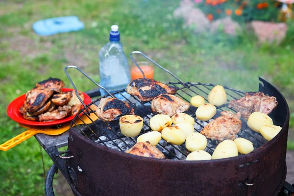 Roasted meat an potatoes on the brazier — Stock Photo, Image
