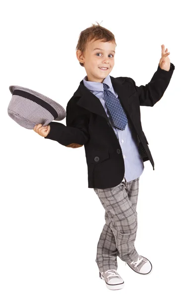 Greeting cool pretty stylish little boy isolated — Stock Photo, Image