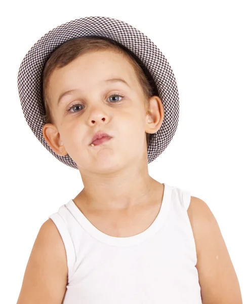 Porträtt av cool ganska snygg liten pojke med tandpetare. — Stockfoto