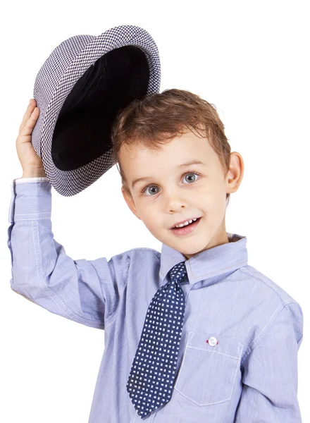 Gruß cool ziemlich stylische kleine Junge isoliert auf weiß — Stockfoto