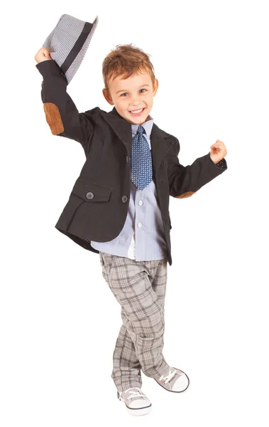 Greeting cool pretty stylish little boy isolated on white — Stock Photo, Image