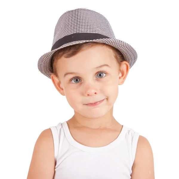Menino elegante fresco em um chapéu. Isolado em branco — Fotografia de Stock