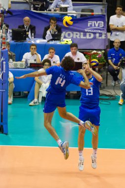 FLORENCE, ITALY - MAY 19: Italian setter Dragan Travica during a World League match between Italy and France at Mandela Forum, Florence, Italy on May 19 2012 clipart