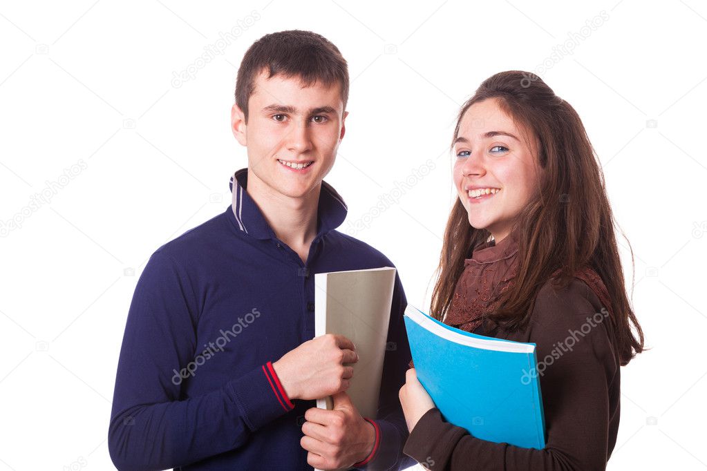 Couple of Teenage Students on White