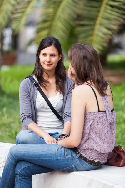 Due giovani donne su una panchina al parco — Foto Stock