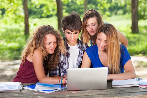 Kelompok Mahasiswa Remaja di Taman dengan Komputer dan Buku — Stok Foto