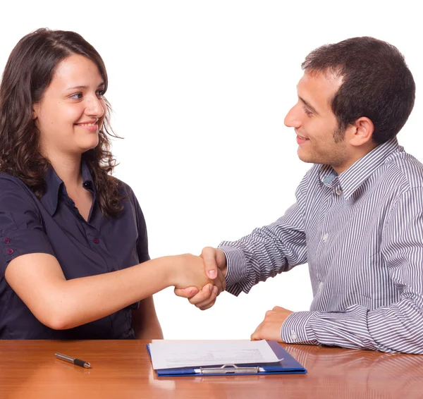男人和女人握手，商务主题 — 图库照片