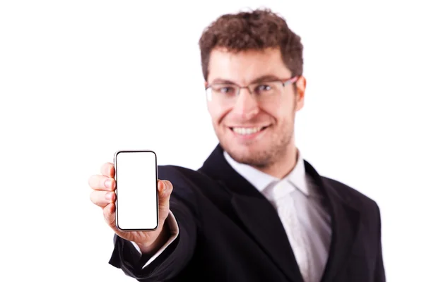 Joven Empresario con Smartphone en Blanco — Foto de Stock
