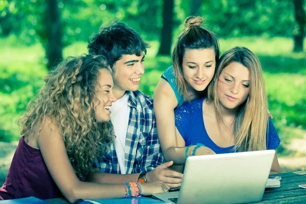 Kelompok Mahasiswa Remaja di Taman dengan Komputer dan Buku — Stok Foto