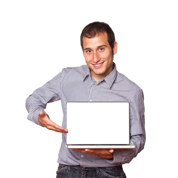 Genç adam bir bilgisayar boş bir ekran ile holding — Stok fotoğraf