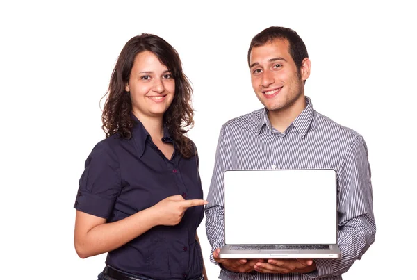 Business Team Holding a Computer with Blank Screen — Stock Photo, Image