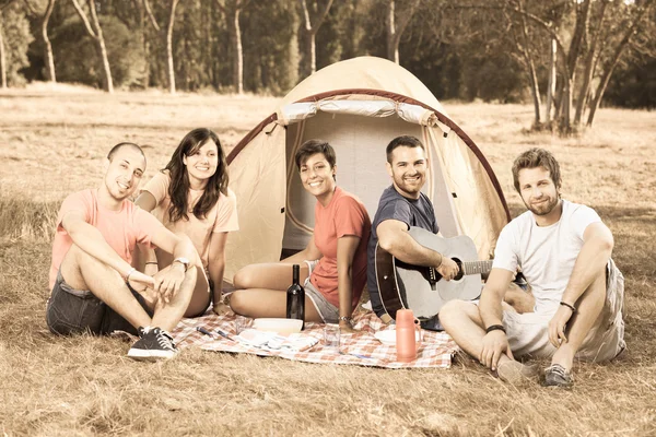 Gruppen för camping och sjunger — Stockfoto