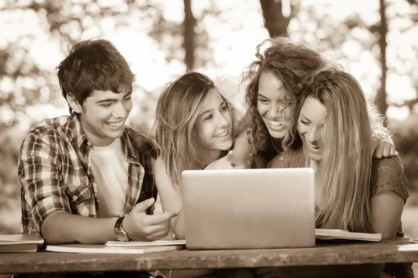 Group of Teenage Students at Park with Computer and Books — Stock Photo, Image