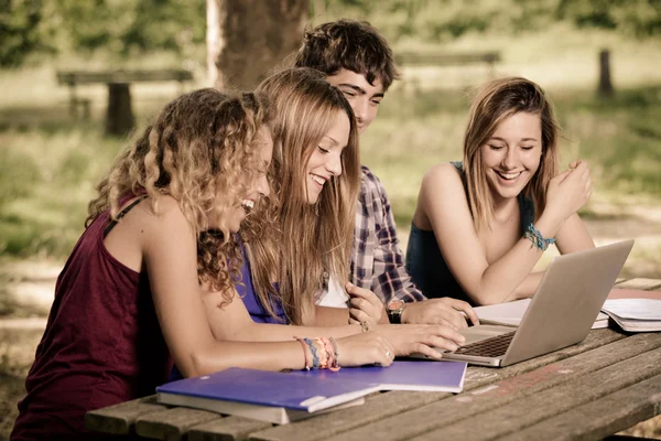 Grupp tonåriga elever på park med dator och böcker — Stockfoto