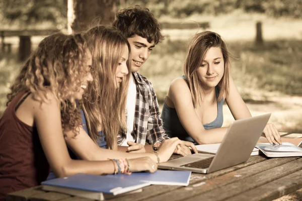 Grupp tonåriga elever på park med dator och böcker — Stockfoto