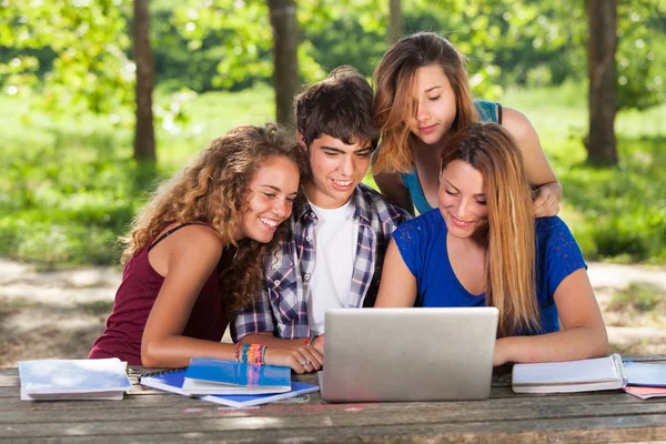 Група студентів-підлітків у парку з комп'ютером та книгами — стокове фото