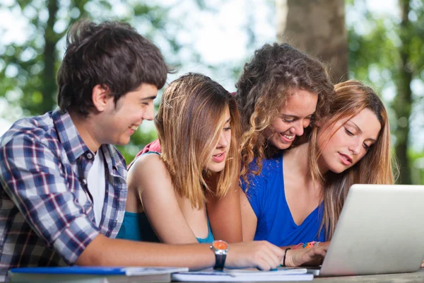 Група студентів-підлітків у парку з комп'ютером та книгами — стокове фото