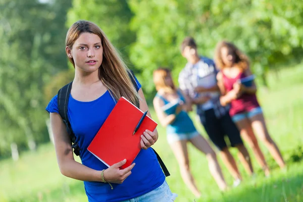 Ung kvinnlig student vid park med andra vänner — Stockfoto
