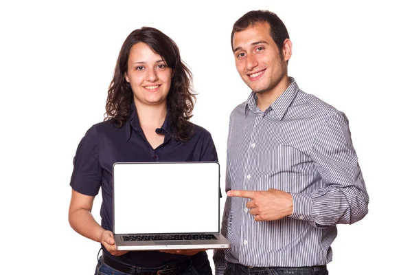 Equipe de negócios segurando um computador com tela em branco — Fotografia de Stock
