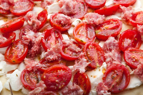 Condimentos para Pizza: Mozzarella, Tomate y Embutidos —  Fotos de Stock