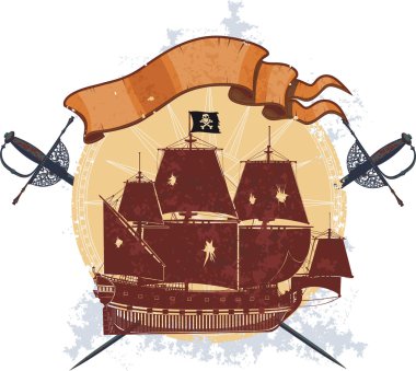 korsan gemisi ve bir kart ile kılıç